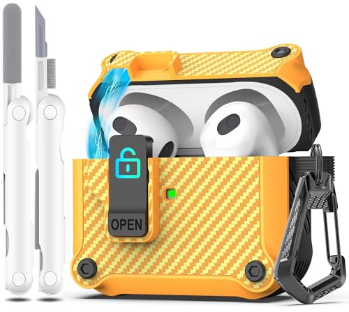 R-fun Compatible con AirPods 3ª Generación 2021 Funda de Carga, Protección Total contra caídas Auto Pop-Up Tapa Compatible con Apple Airpods 3 Gen Funda con Kit de Limpieza y Llavero,Naranja