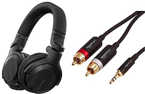 Pioneer DJ HDJ-CUE1BT-K, DJ Kopfhörer with Bluetooth, Schwarz & Amazon Basics PBH-19822 Cinch-Audiokabel, 3,5-mm-Klinkenstecker auf 2 x Cinch-Stecker, 2,44 m