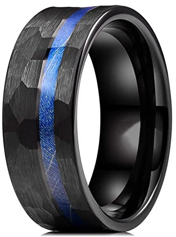 MAYIYAHO Einzigartige 8MM Herren Schwarz gehämmert Edelstahl Ring Inlay Blau gefärbtes Holz Multi-facettenreich Männer Verlobungsring Männer Ehering