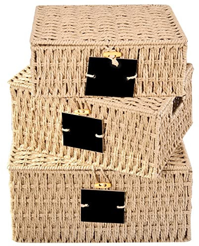 OUTBROS Geflochten Aufbewahrungskorb Regalkörbe mit Deckel, 3er Set Rattankorb aus Papierseil, Aufbewahrungsboxen zum Aufbewahrung und Organisieren von Badzimmer, Zimmer, Natur