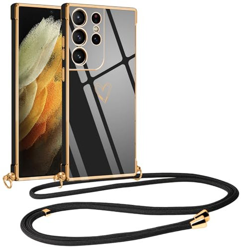 Vauki handyband für Samsung Galaxy S21 Ultra 5G Hülle mit Band, Handyhülle mit Kette, Herz Motiv, Ultra Dünn Stoßfeste Aesthetic Case mit Kordel zum Umhängen für Samsung S21 Ultra 5G 6.8, Schwarz