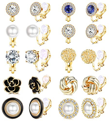 JeryWe 10 Paare Clip Ohrringe Ohrstecker für Damen Clip auf Ohrringe für nicht durchbohrt CZ Blume simuliert Süßwasser Perle Twist Knoten Clip Ohrringe Sets D