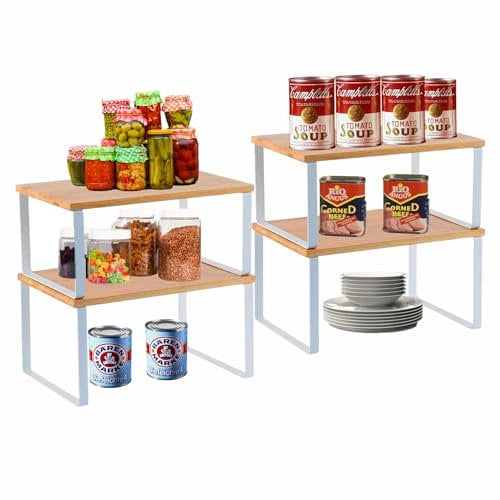 HMRACK Conjunto de 4 Organizadores de Cocina,Estantería de Bambú Apilable para Armarios y Encimera, Almacenamiento para Alimentos, Cubiertos y Especias