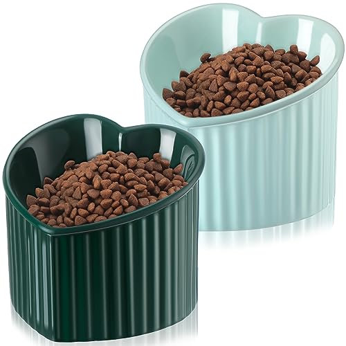 2 cuencos elevados de cerámica para gatos, inclinados, elevados, antivómitos, para gatos de interior, sin estrés, para gatos pequeños, en forma de corazón (azul macarrón, verde pavo real)