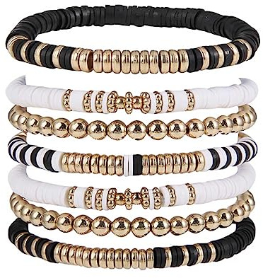 Cubahop Layered Boho Armbänder Bunte Preppy Armbänder Perlen Ästhetische Handgemachte Charm Stretch Armband Netter Sommer Strand Schmuck Einstellbar für Frauen Teen Girls (Schwarz)