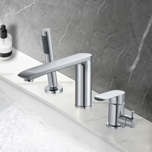 PHASAT Robinet Baignoire 3 Trous Robinet de baignoire avec douchette et tuyau Mélangeur en laitonpour Salle de Bain Chaude et Froide Réglable Chromé