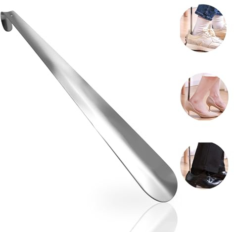 laeeyin Schuhlöffel Metall Lang 30cm,Schuhanzieher Lang Metall mit hängendem Loch ergonomischer Form für Herren, Damen, Kinder, Senioren, Silber