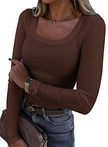 Smile Fish Womens Long Sleeve Scoop Neck Ribbed Knit Fitted Casual Tops Tee Slim Basic Shirts, Brown M