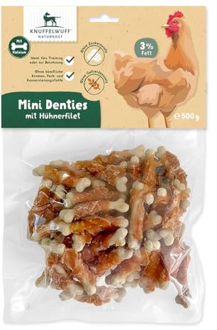 Knuffelwuff Mini Denties mit Hühnerfilet | Leckere Hühnerbrust und Rinderrohhaut: Belohnen Sie Ihren Hund mit gesundem Kauen für Starke Kaumuskeln | wiederverschliessbar | Ideal zur Belohnung