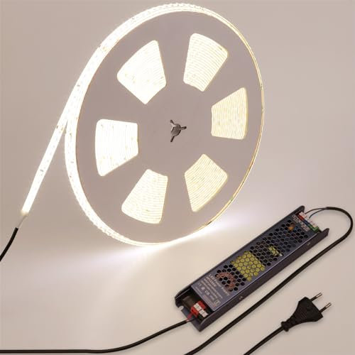 BENLUN 48V LED Strip 20M, LED Streifen 4000K Naturweiß Aussenbereich, LED Band Outdoor IP65 Wasserdicht Sehr Hell 150W Schneidbar Selbstklebend mit Netzteil und Stecker