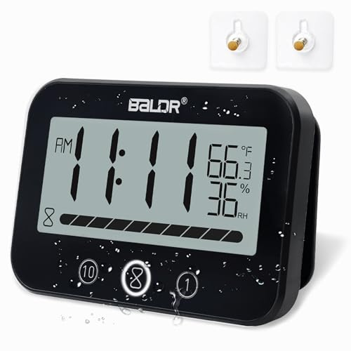 Countdown Clock and Timer, Visual Bathroom Timer,Small Kitchen Wall Clock, Temperature Humidity Clock, Moisture Proof Timer for Shower, Loud Timer with Light Flash Alarm (Black)