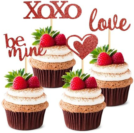VIKY® Valentinstag Cupcake Topper, 12 Stück Glitzer Kuchen Deko Valentinstag Deko, Romantische Muffin Deko Tortendeko, Valentinstag Cupcake Deko für Hochzeit, Heiratsantrag, Verlobung, Geburtstag
