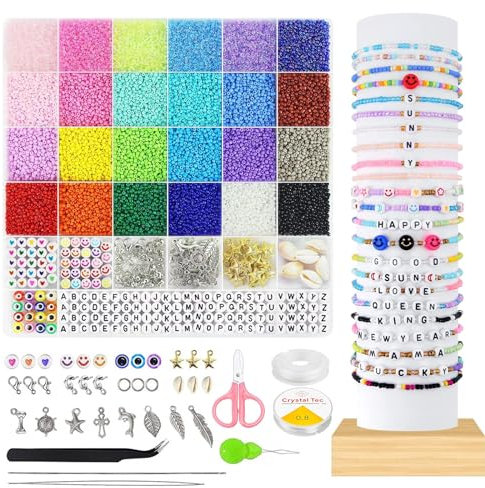 logei Perlen Zum Auffädeln，17000 Stück 2mm Bunte Perlen Für Armbänder Selber Machen Set, Bracelet Making Kit mit Buchstabenperlen Glasperlen Smiley Perlen für DIY-Armbänder, Halsketten