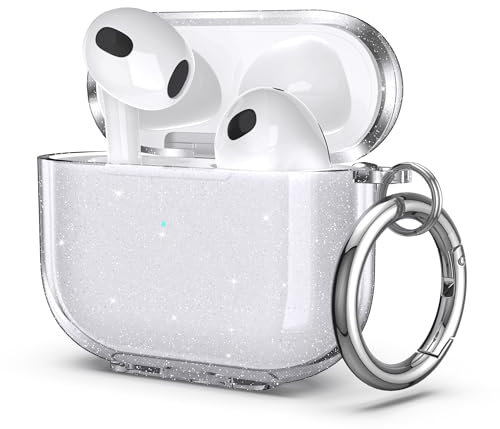 ULAK für Airpods 3 Hülle, Durchsichtig Stoßfest Hülle Dünn Schutzhülle mit Karabiner Transparent Ladecase für Apple AirPods 3 (LED an der Frontseite Sichtbar) - Klar Glitzer