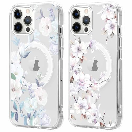 Xylota 2 Stück Magnetisch Hülle für iPhone 12 Pro Max 6.7'' [Kompatibel mit MagSafe], Aesthetic Blumen Muster Mädchen Design Klare Handyhülle, Stoßfeste Transparent Schutzhülle für iPhone 12 Pro Max