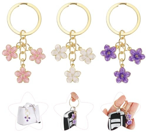 Jeffdad 3 Stück Kirschblüten Schlüsselanhänger, Niedlich Blumen Charm Schlüsselanhänger Aesthetic Tasche Anhänger Flower keychains Schlüsselring Dekoration Anhänger für Frauen Mädchen(Rosa+Weiß+Lila)