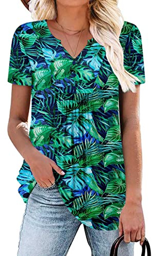 CHICZONE Ladies Tunic Tops Short Sleeve Pleated V-Neck Buttons Up Blouse Summer Womens Henley T-Shirt BlueLeaves
