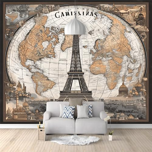 Papier Peint Panoramique Style RéTro Peinture Murale Papier Peint 3D Tour Eiffel Et Carte Fresque Salon Chambre, 400 (W) x 280 (H) cm