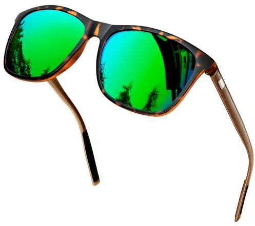 KANASTAL Green Mirrored Sunglasses Mens Polarised Womens Ladies Tortoise Square Stylish Vintage Retro Classic Fashion Travel Outdoor UV400 - Leopard Frame Green Lens