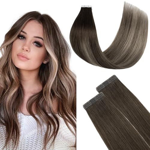 FUOTONBUTY Tape Extensions Echthaar Doppelt Genäht, Ombre Mittelbraun bis Honigblond Tape in Extensions Echthaar, 20 Stück 50g Invisible Tape Extensions, Tape on Extension Echthaar 40cm