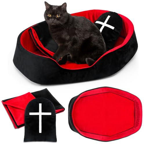Memorywuu 3 Pcs Gothic Cat Bed Set with 19 Inch Washable Coffin Cat Bed Black Tombstone Pillow Red and Black Blanket Gothic Pet Furniture Activity Center for Halloween