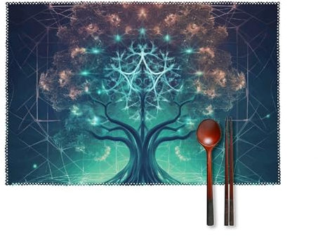 QWHJK Placemats Set of 6 Wipeable,Digital Tree of Life Icon Print Placemats Washable Pattern,placemats Washable Heat Resistant, 30x45cm