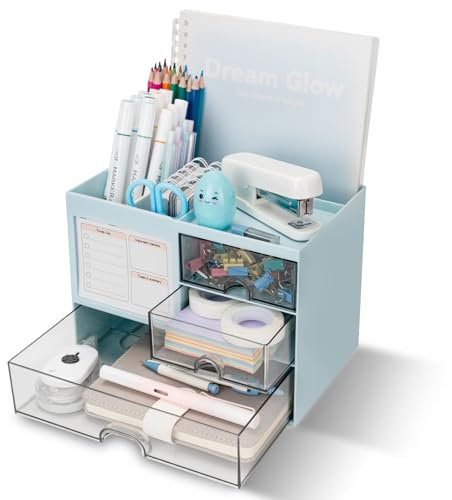 RISEMART Schreibtisch-Organizer mit 3 Schubladen, multifunktionaler Stifthalter für Schreibtisch, Schreibtisch-Organizer und Aufbewahrung mit 5 Fächern, Schreibtisch-Organizer für Büro, Zuhause-Blau