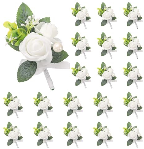 sourcing map 20pcs White Boutonnieres for Men, Artificial Flower Buttonholes Pocket Corsage with Boutonnieres Pins for Wedding Bride Groom Ceremony Anniversary Formal Party