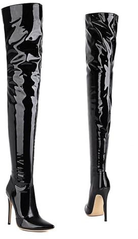 WOkismD 12.5CM Super Long Boots in Pelle di Vernice sopra Il Ginocchio Stivali Lunghi Tubo Stiletto Sexy Tacco Pole Dance Stivali in Pelle Lucida,Nero,42 EU