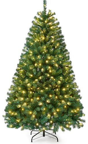 6FT Pre-Lit Artificial Christmas Tree with 260 LED Lights 1150 Branch Tips Green Xmas Trees Bushy Christmas Tree Fake Pine Tree with Metal Stand Easy to Assemble 6 Foot Artificial Tree for Christmas