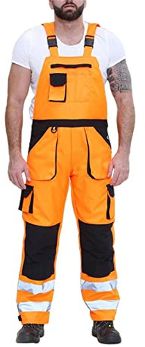 Kross Style® Mens High Visibility Workwear Dungaree Overalls with Elasticated Back Brace and Adjustable Ankle Hem, Adjustable Two-Tone Hi-Vis Bib & Brace with Knee Pad Pockets (Orange, L)
