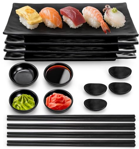 ELFULLY 16 Pcs Sushi Plate Set, Melamine Sushi Serving Dishes, Japanese Dinnerware Sets with 4 Sushi Trays, 4 Soy Sauce Bowls 4 Pairs of Chopsticks and Holders, Wedding Housewarming Gift, Black