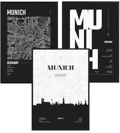 ag.art deco® 3er Set Poster 50x70cm Wanddeko Wohnzimmer Ideal als Geschenk | München Schwarzweiß Bilder mit Rahmen hochwertiger Kunstdruck Modernes Wandbild Stadtplan Munich Schlafzimmer Wohnzimmer