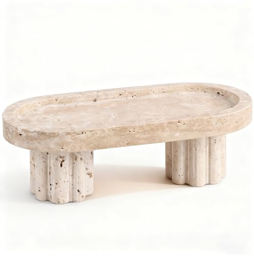 Natural Travertine Stone Tray - 9.8” Marble Bathroom Vanity Tray for Countertop, Kitchen, Coffee Table, Jewelry Organizer, Perfume Display, Candle Holder, Decorative Stone Plate with Two Feet