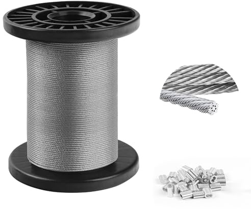 1mm steel wire 304 Stainless Steel Wire Cable 30m, 7x7 Strand Core Multi-Purpose Metal Cable for Gardens, Hanging, Outdoor Use, 60kg Breaking Strength with 30 Aluminum Loops