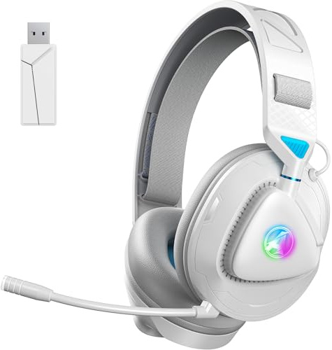 Awinnasey PH3 Wireless Gaming Headset for PS5, PS4, Switch, PC, Mac, Bluetooth Headphones with Removable Microphone,Bluetooth Headset with RGB Light,Accessories for Sega Saturn, White Blue