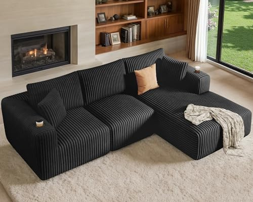 DURASPACE 275cm Canapé Sectionnel Modulaire, Divan Désossé avec Siège Profond, Porte-gobelet, Mousse à Mémoire de Forme, Canapé en Forme de L en Velours Côtelé pour Le Salon