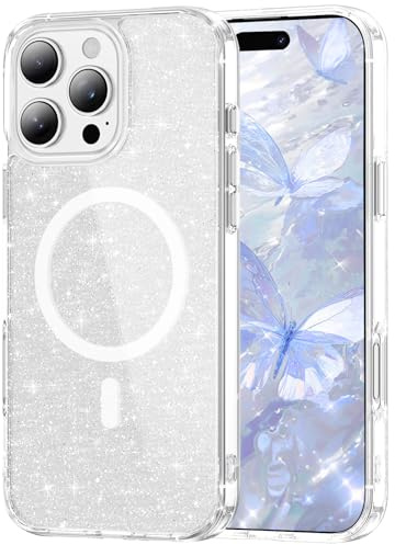IMEIKONST Magnetic for iPhone 15 Pro Max Case Clear Glitter Silver JXSF | Compatible with Magsafe, Slim Fit Transparent Cover, Sparkle Bling, Soft TPU Bumper Shockproof, for Women and Girls