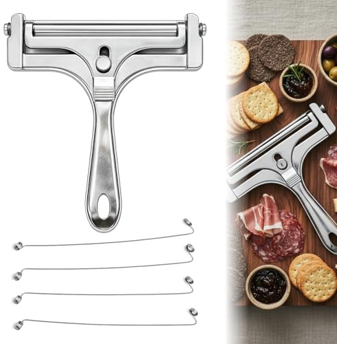 Wire Cheese Slicer, Stainless Steel Handheld Cheese Cutter, with Adjustable Thickness, for Block Cheese, Includes Extra Replacement Wire, Durable Metal Cheese Shaver for Thin and Thick Slices