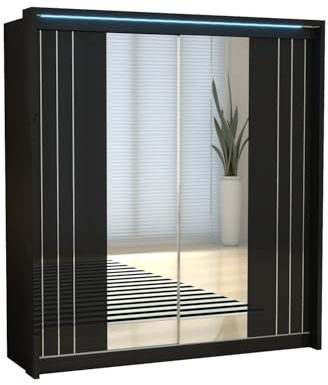 URBAN FURNISHING Sliding Door Wardrobes for Bedroom, High Gloss Mirrored Wardrobe with Shelves, LED Light & Hanging Rails - 2 doors Wardrobe Dark Black (165cm)