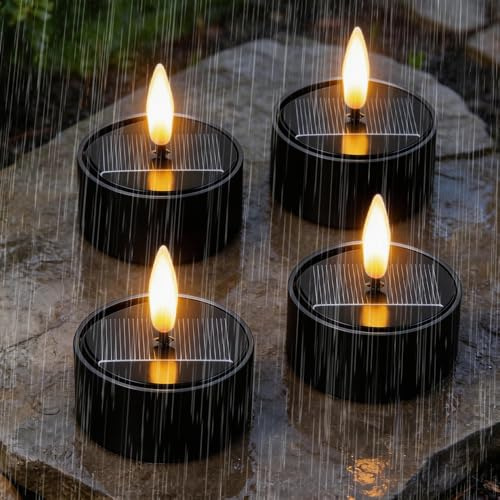 Solar Teelichter für Außen, 4 Pcs Solar Led Teelichter Outdoor Wasserdicht mit Timerfunktion und Warmweißes Flackern, Led Teelichter Solar Outdoor, Solarkerzen Außen Wasserdicht Klein (Schwarz)