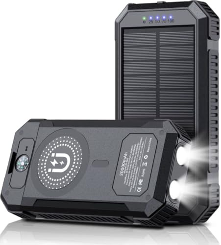Power Bank Solar 20000 mAh con ricarica wireless - Batteria esterna impermeabile con pannello solare, ricarica rapida USB e USB-C, torcia e bussola - caricabatterie portatile per iPhone, Samsung
