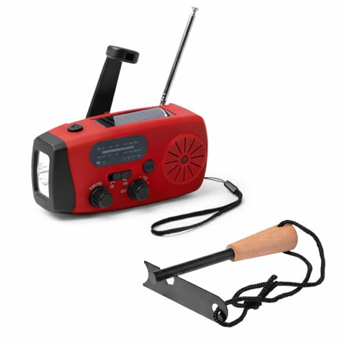 HISPAVIR | Kit Radio de Emergencia Solar con Manivela + Pedernal | Dinamo y Powerbank 2000mAh – Linterna LED, Sirena SOS, Am/FM, IN USB y out Tipo C | Radio Solar + pedernal (ROJA + PEDERNAL)