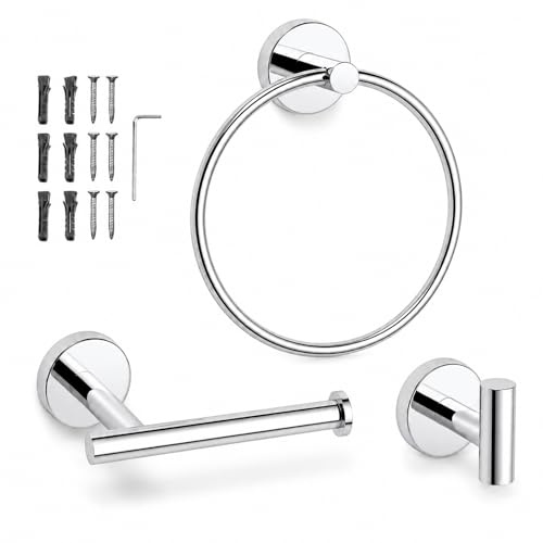 Bathroom Accessories Set, Towel Ring Toilet Roll Holder & Robe Hook, Wall Mounted Bathroom Hardware Set in Polished Chrome, Stainless Steel Bathroom Towel Holder for Bathroom Toilet Cloakroom (Chrome)
