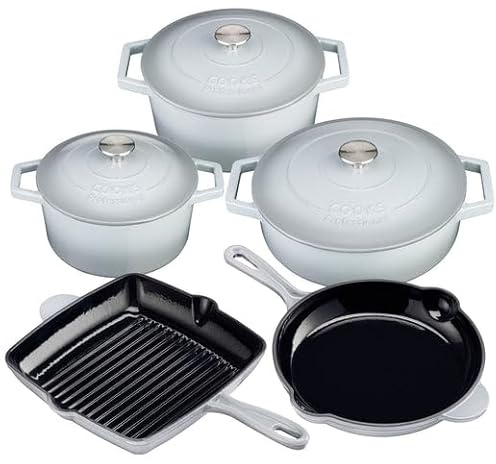 Cooks Professional 5 Piece Cast Iron Casserole Dishes, Frying Pan & Skillet Set | Heavy-Duty Cookware Pans with Enamel Interior | Oven Safe to 260°C, Induction & All Hob Compatible | Grey