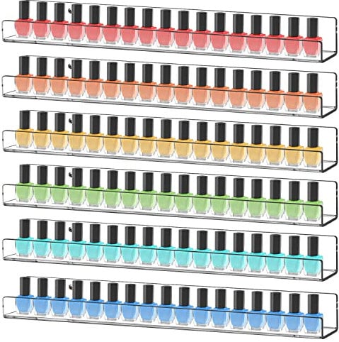 display4top 6 Pack Nail Polish Rack,15 Acrylic Nail Polish Wall Mounted Organizer Displays 90 Bottles, Clear Floating Kids Wall Bookshelf