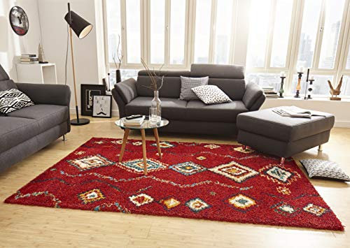 Hanse Home Mint Rugs Geometric Teppich Hochflor Wohnzimmer-Teppich Weich Flauschig Langflor Shaggy Flokati Boho Ethno-Design für Kinderzimmer Schlafzimmer Küche Flur Rot-Bunt 160x230 cm