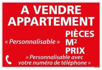 Panneau Immobilier Personnalisable Appartement à Vendre avec Oeillets aux 4 Coins - Rouge - Plastique Rigide AKILUX 3,5mm - Dimensions 600x400 mm - Protection Anti-UV
