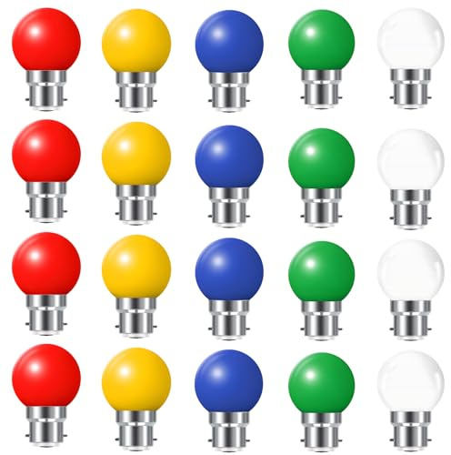 HUAMu 20 Pack B22 Bayonet Cap LED Coloured Light Bulbs, 2W G45 Mini Globe Golfball Bulbs for Outdoor Patio Garden Party Christmas, Mixed Colored Red Yellow Blue Green Cool White