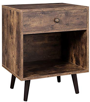 VASAGLE Nightstand with Drawer and Open Compartment, Small Bedside Table with Pine Wood Legs, for Living Room Bedroom, 50 x 40 x 58 cm, Rustic Brown LET71BX